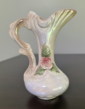 Vintage Pearlescent Lusterware Pitcher Vase 3D Applied Rose 5.75