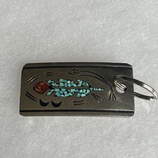 Vintage J Nezzie Navajo Alpaca Silver Keychain Turquoise Coral Inlay picture