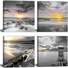 Bamdeya Black and White Gold Beach Wall Art Sea Sunrise Scenery Picture Canva... picture