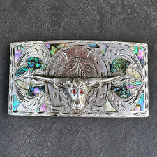 Vintage Plata de Jalisco JFCM 925 Sterling Silver Longhorn Abalone Belt Buckle picture