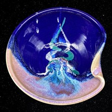 Vintage Art Pottery Cobalt Blue Glazed Curl Lip Bowl Signed 2.5”T 8”W picture