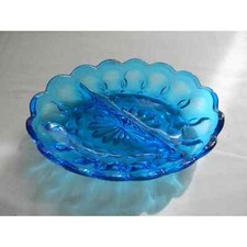 Vintage Indiana Glass Kings Crown Thumbprint Blue Oval Divided Dish, Relish Dish picture