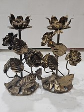 Vintage Floral Gold Toned Metal Scupture Hollywood Regency Candlestick Holders picture