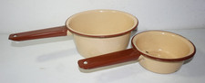 Vintage Set of 2 Enamelware Sauce Pans Brown Cream Rustic Farmhouse picture