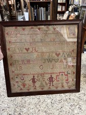 ANTIQUE EARLY 19TH NEEDLEWORK SAMPLER HEARTS, FLOWERS. ANN WEBSTER 1827. 18X18