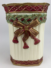 Vintage 7.5” Porcelain Holiday Ribbon Holly Vase International Bazaar Burgundy picture