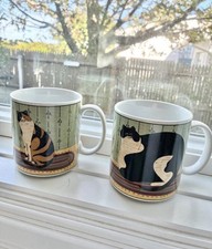 Warren Kimble Cat Collection Set of 2 Mugs Sakura Oneida 2000 Calico &Tuxedo Cat picture