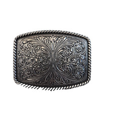 Nocona Western Belt Buckle Silver Tone Floral Scroll Engraved Rope Edge Used picture