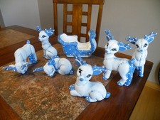 Vtg 7Pc. Kimple Mold Reindeer Sleigh Figurines Set Hand Painted Christmas FREESH picture
