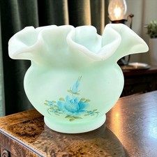 Fenton Art Glass Hand Painted Roses on Blue Satin Custard Ruffled Vase Rosebowl picture
