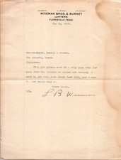 Wiseman Bros. & Burney Lawyers Floresville 1919 Antique Letterhead Billhead 5A1 picture