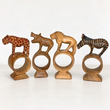 Vintage Kenyan Hand Carved Wood Napkin Rings Set 4 Leopard Rhino Lion Zebra  picture