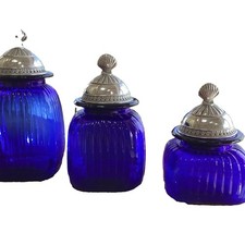Large Cobalt Blue Square Ribbed Glass 3Canisters with Shell Pewter Lids Belgian picture