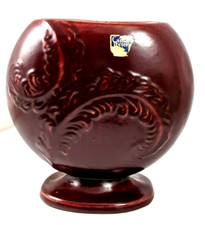 Vintage Camark Pottery Maroon Embossed Footed Table Vase Label USA picture