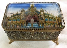 ANTIQUE LRG GRAND TOUR SOUVENIR TRINKET BOX CASKET SCROLLED METAL ORMOLU EX-COND picture