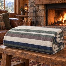 Vintage 100% Wool Camp Blanket 60x85 Striped Green Navy Brown Lodge picture