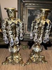 Pair Vintage Hollywood Regency Style Ornate Gold cast Brass Candlestick Holders picture