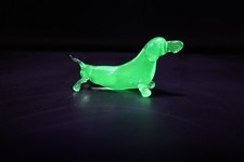 Uranium Glass Dachshund Figurine, UV Reactive Wiener Dog, Hand Blown Glowing picture