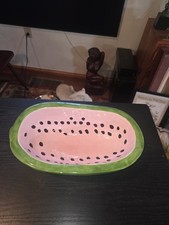 Vtg 1970's Cute Hand Painted Ceramic Large Watermelon Shaped Serving Bowl 12
