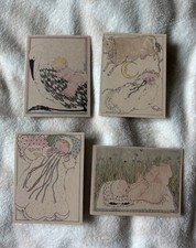 Vintage Michel & Co Lot of 4 Unused Mini Tan Notecards Whimsical Baby Birth Cute picture