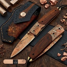 Luxury Copper Damascus Folding Knife–Handmade Cu Mai Pocket Knife, Razor Sharp picture