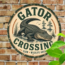 Alligator Crossing Danger Weatherproof Round Metal Sign Swamp Yard Plaque picture
