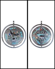 VINTAGE ZUNI SAMMY & ESTHER GUARDIAN INLAY BIRD SPINNER STERLING SILVER PENDANT picture