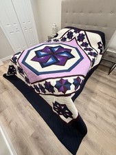 New Amish Quilt Star Spin Blue & Purple 105x118 - Heirloom Made in Lancaster PA picture