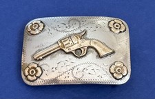 VTG Rare Denver Buckle Co Nickel Silver Hand Engraved Revolver Gun Belt Buckle picture