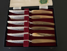 Vintage Lewis Rose & Co. Sheffield Buffalo Horn 6 Pc Steak Knife Set Pristine picture