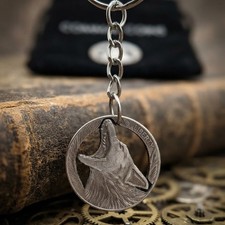 1934 Hobo Nickel Cut Coin Keychain Howling Wolf Dog Wild Animal Custom American picture