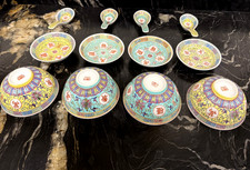 Chinese Mun Shou Rice Bowls Wan Shou Wu Jiang Porcelain Longevity Pattern Yellow picture