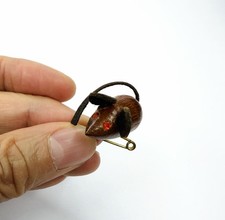 CUTE Vintage Danish Teak Miniature 50's Wooden Mice Brooch Leather Ears Tail  1” picture