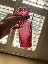 Vintage Angelo Rossi Hand Blown Cranberry Glass Vase 8” Ruffled Optic Diamond picture