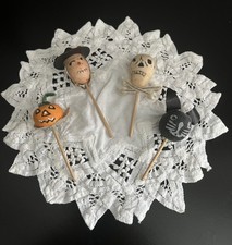 4 Vintage Japan Halloween Spun Cotton Cupcake Picks Pumpkin Scarecrow Skull Cat picture