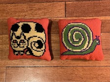 VINTAGE 1960s Cat & Snail Mini Needlepoint Throw Pillow Lot Orange Groovy MCM picture