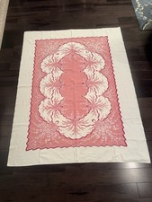 Vintage Printed Pink & White Cotton Tablecloth Floral & Ribbon Design 59.5 X 77” picture