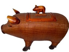 Pig Mid Century Chinese Hand Crafted Wood Wicker Pig Sculpture Box Vintage picture