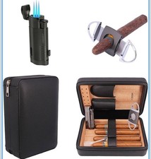 AMANCY Elegant Handmade Black Leather Cedar Wood Lined 4 Cigar Humidor Case picture