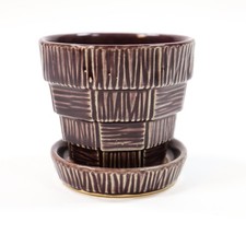 Vintage MCCOY Basketweave Ceramic FLOWER POT PLANTER with Saucer Purple 3in picture
