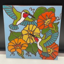 Vintage Earthtones Hummingbird Tile Trivet Art Ceramic Hand Painted Pottery USA picture