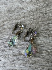 Vintage Crystal Dangle Clip On Earrings Silver Tone Aurora Borealis 1.25