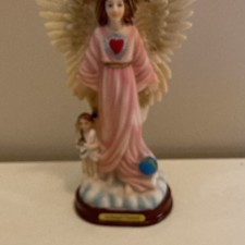 Archangel Chamuel Angel Figurine Statue Pink Robe Wings Heart Chest  9 inch  picture