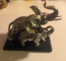 Metal Elephant and Calf Figurine Sculpture Statue on Black Base Display Stand picture