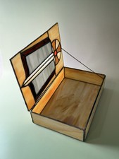 Leaded Slag Glass Hinged Box Sword Open Book Symbol Amber Cream 9.5