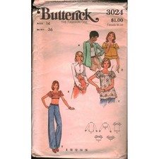 Vintage Butterick 3024 Sewing Pattern 70s Misses Tops Smock Size 14 Bust 36 picture