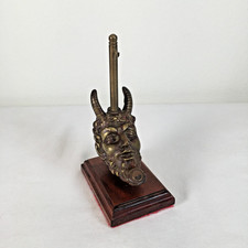 Vtg Brass Satyr Horned Devil Head Figruine on Wooden Base Desktop Aged Patina picture
