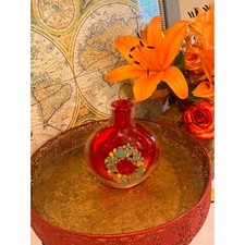 Vintage Red Art Glass Perfume Bottle Murano Style Confetti Spatter Vase picture