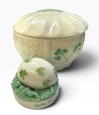 Vintage Belleek Ireland Nadine Porcelain Trinket Box Dresden Egg Figurine picture