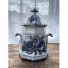 Vintage 1800s Antique Black Transferware Ironstone Sugar Container with Lid picture